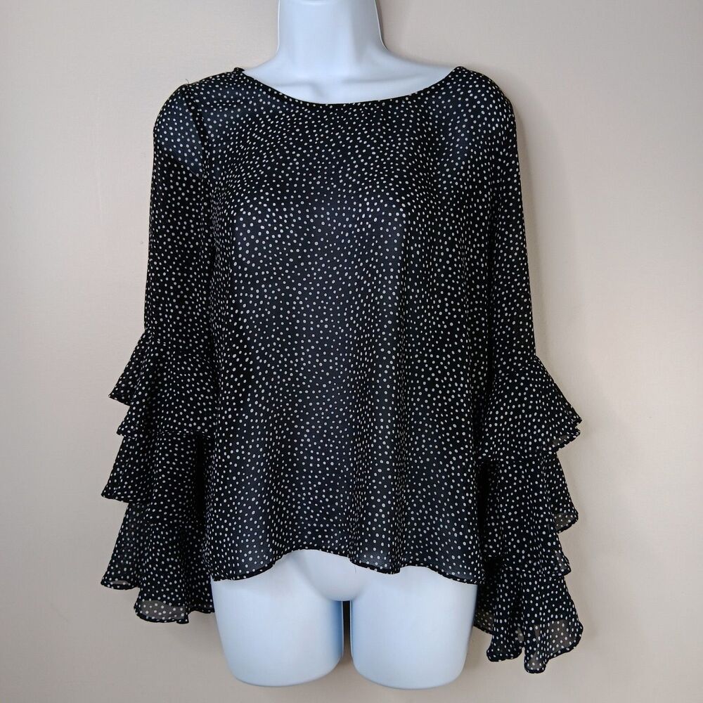 Molly Bracken Blouse Women's Medium Polka Dot Semi Sheer Shirt Ruffles Peasant